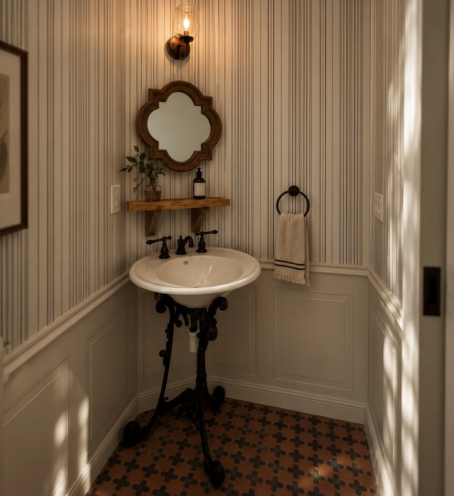 Powder room mirror above a pedestal sink