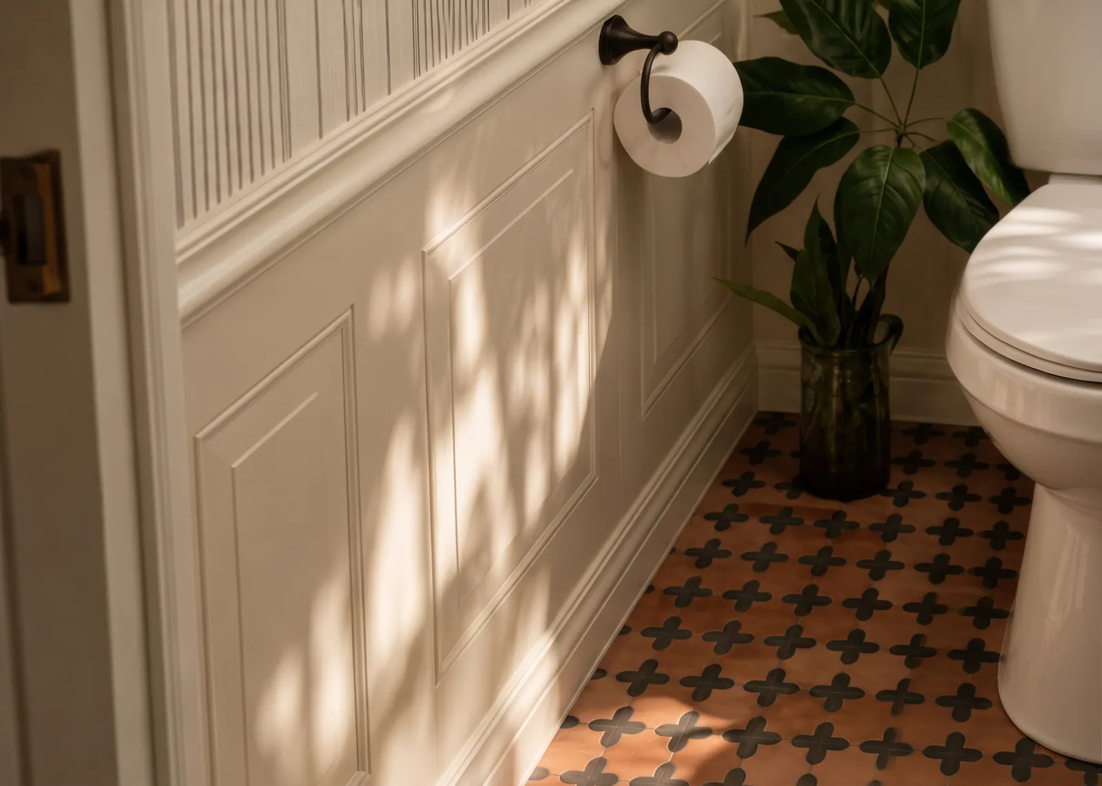 Painted wainscot with a plant in soft light
