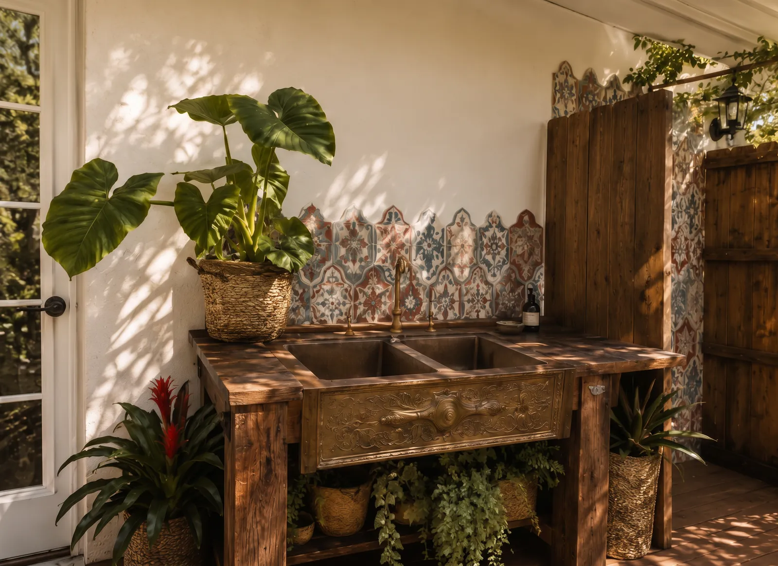 Reclaimed wood outdoor vanity against hand-painted tile