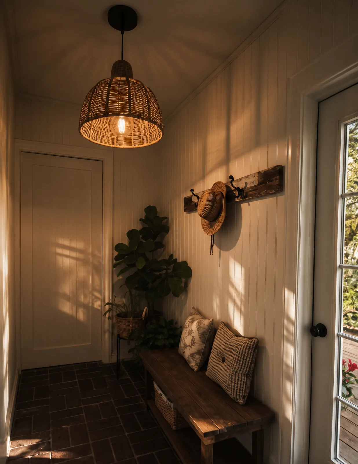 Entry hall with a rattan pendant above a bench