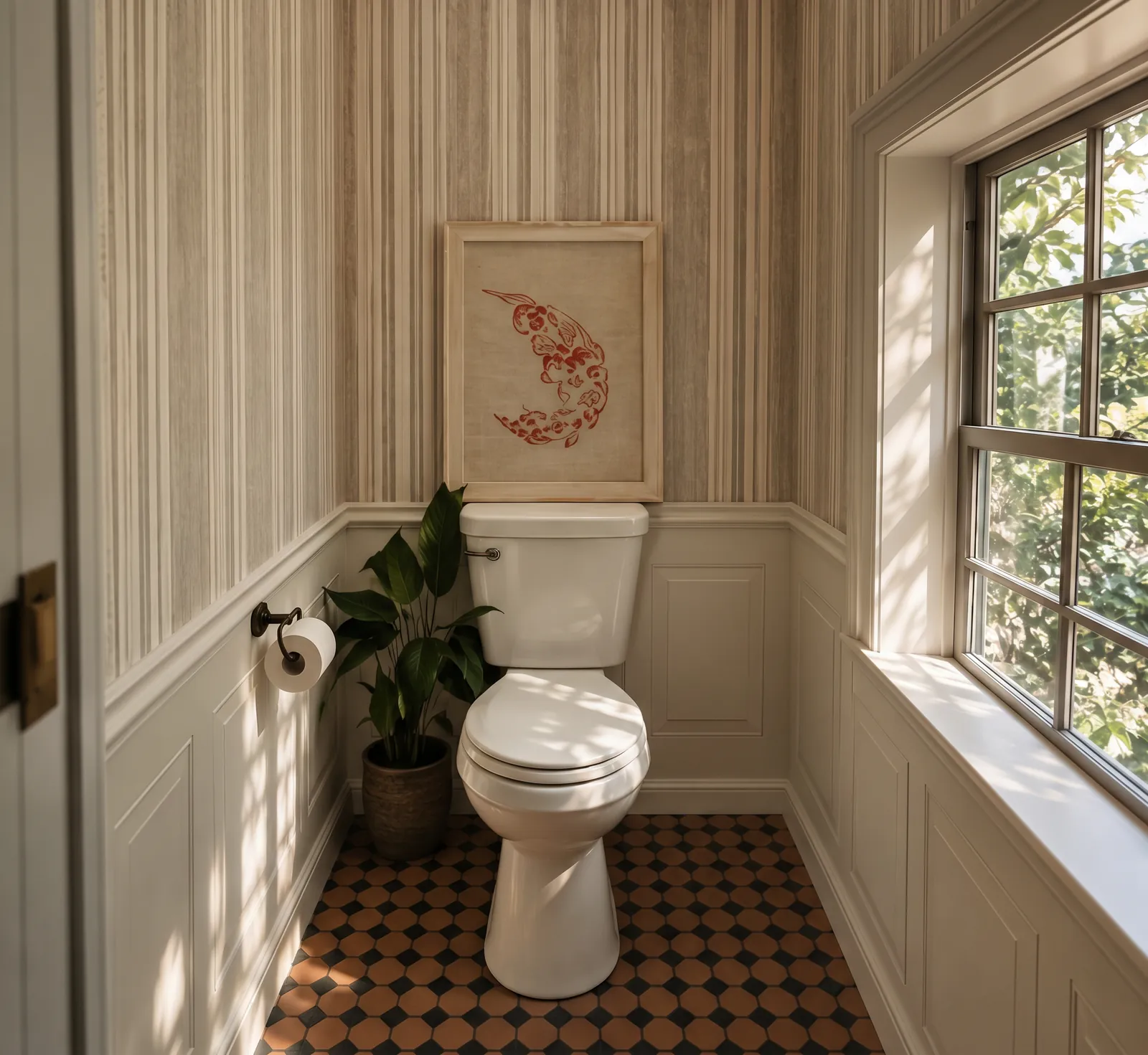 Powder room with striped wallpaper above a wainscot