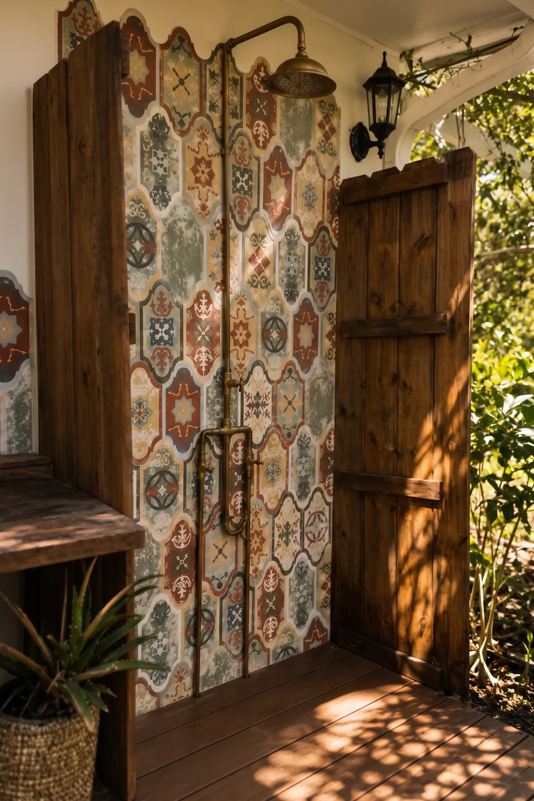 Outdoor shower tile wall beside a reclaimed wood door