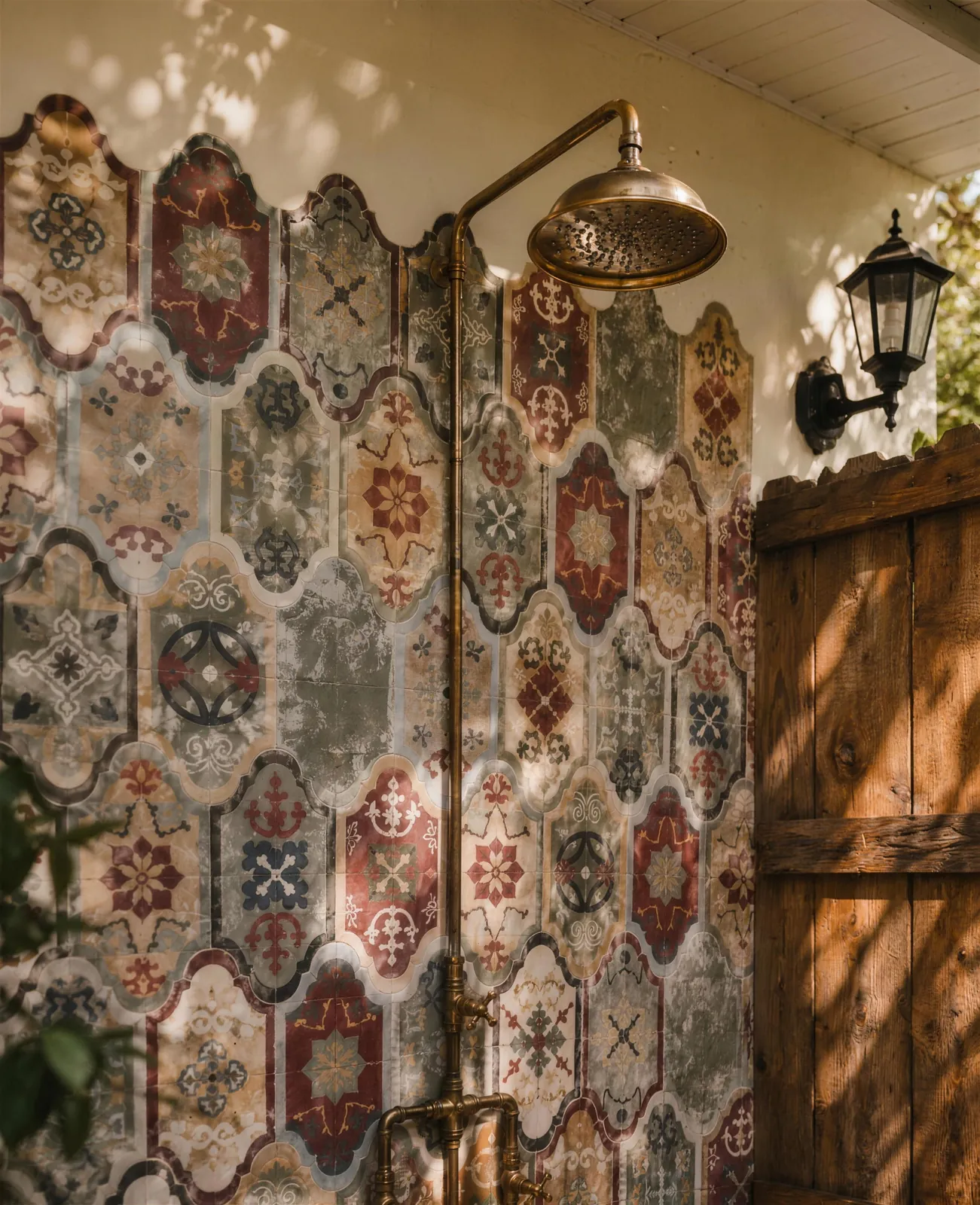 Outdoor shower in hand-painted tile