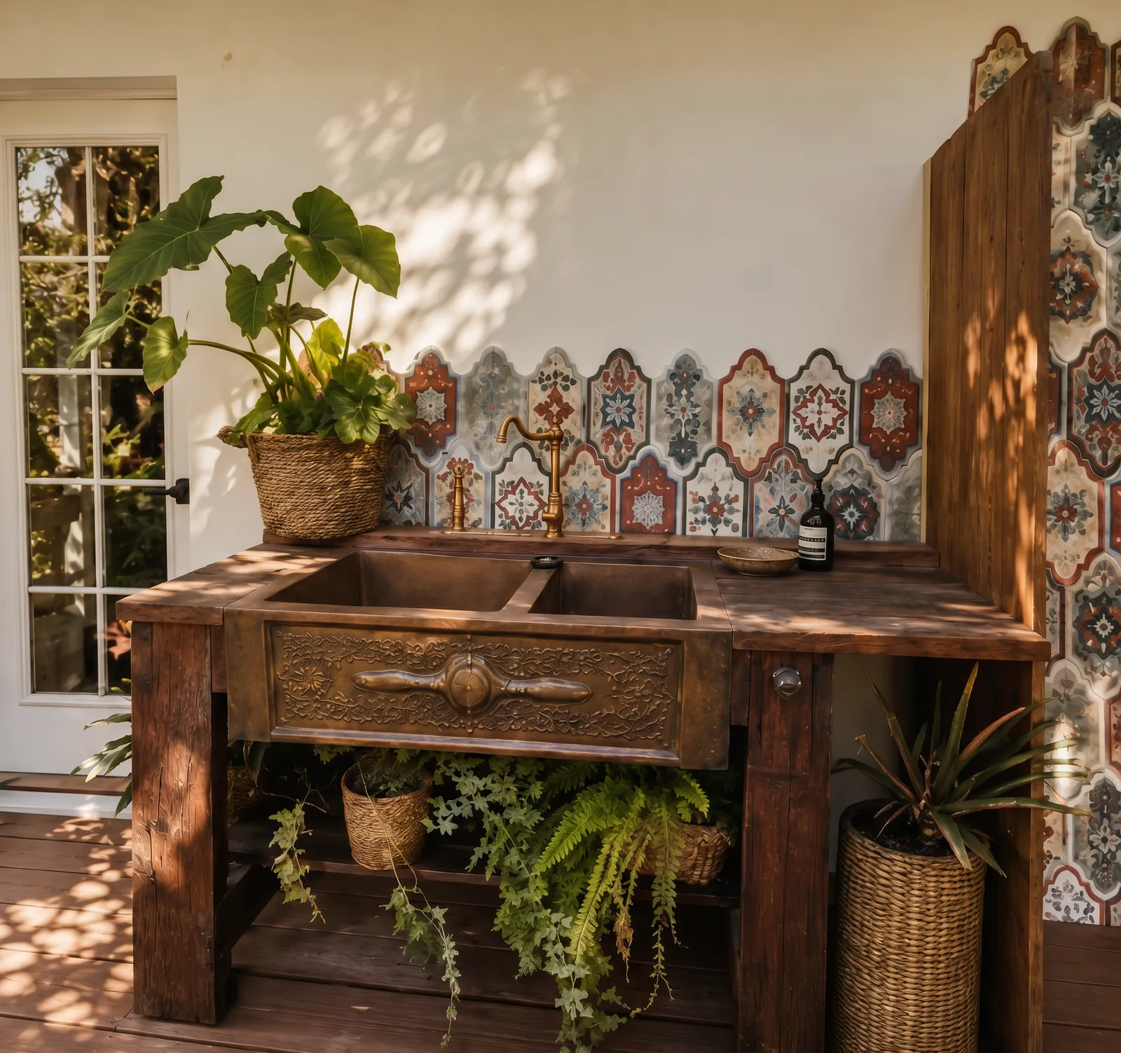 Reclaimed wood outdoor vanity with painted tile and plants