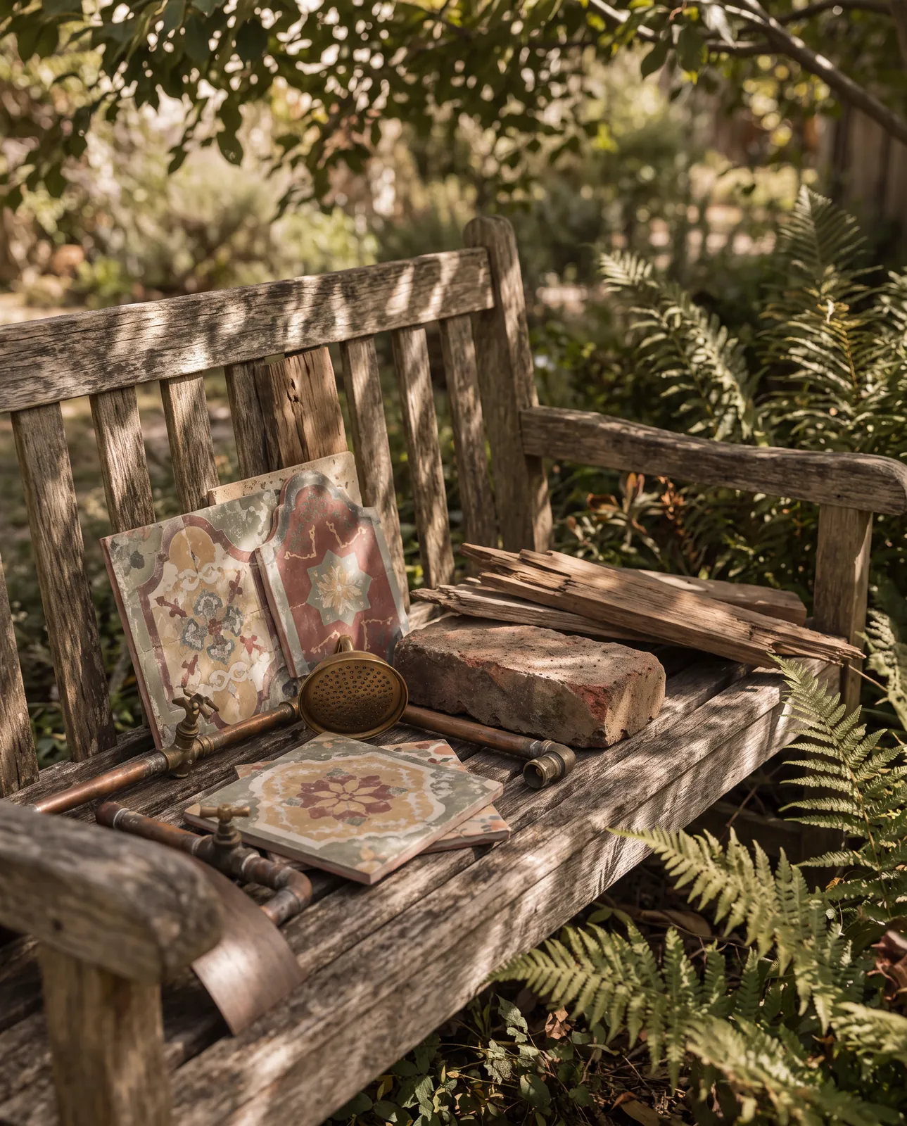 Painted tiles, brick and weathered wood on a garden bench