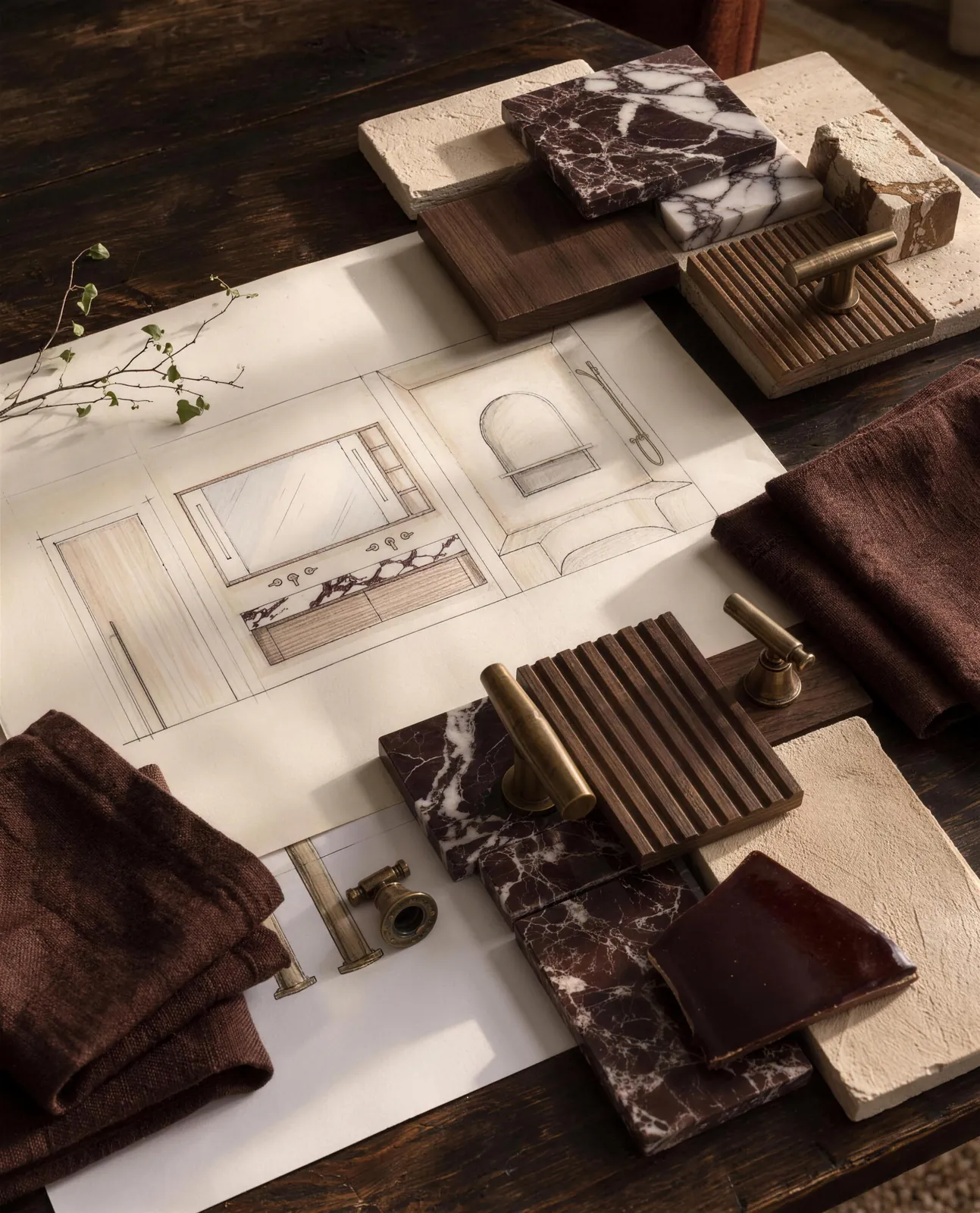 Marble, fluted wood and brass samples on an elevation drawing