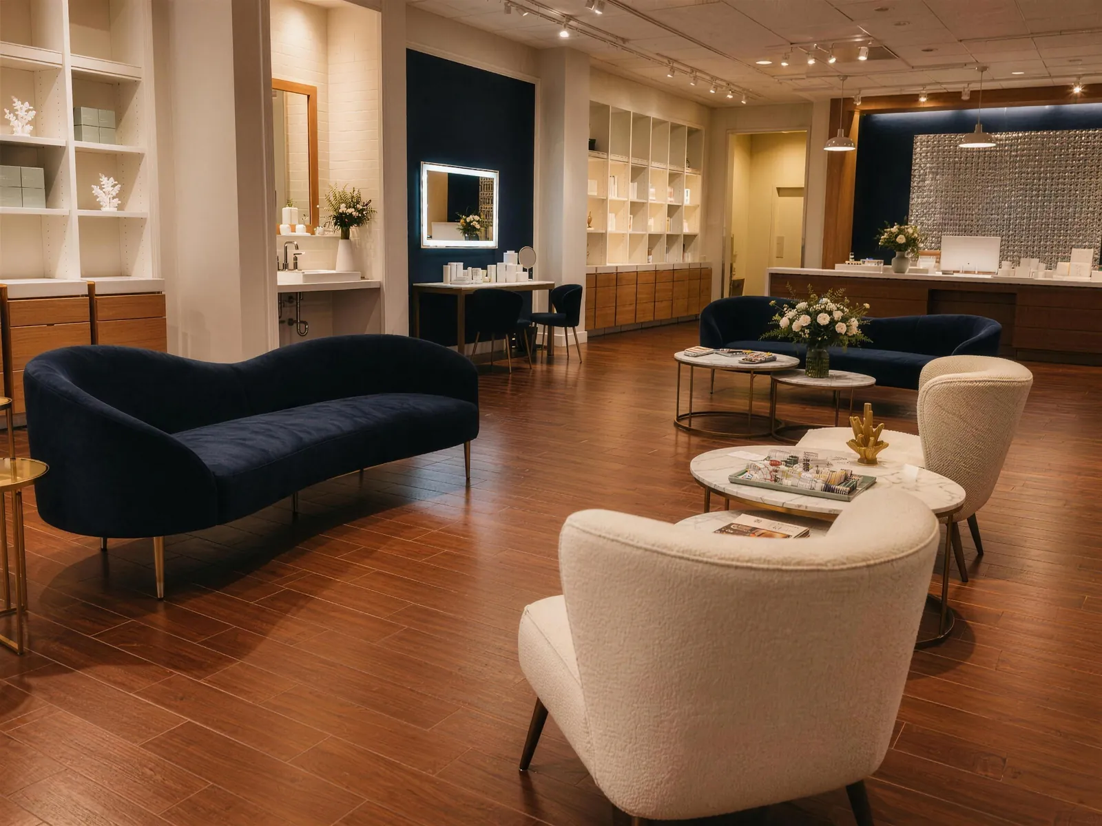 Retail lounge with boucle chairs