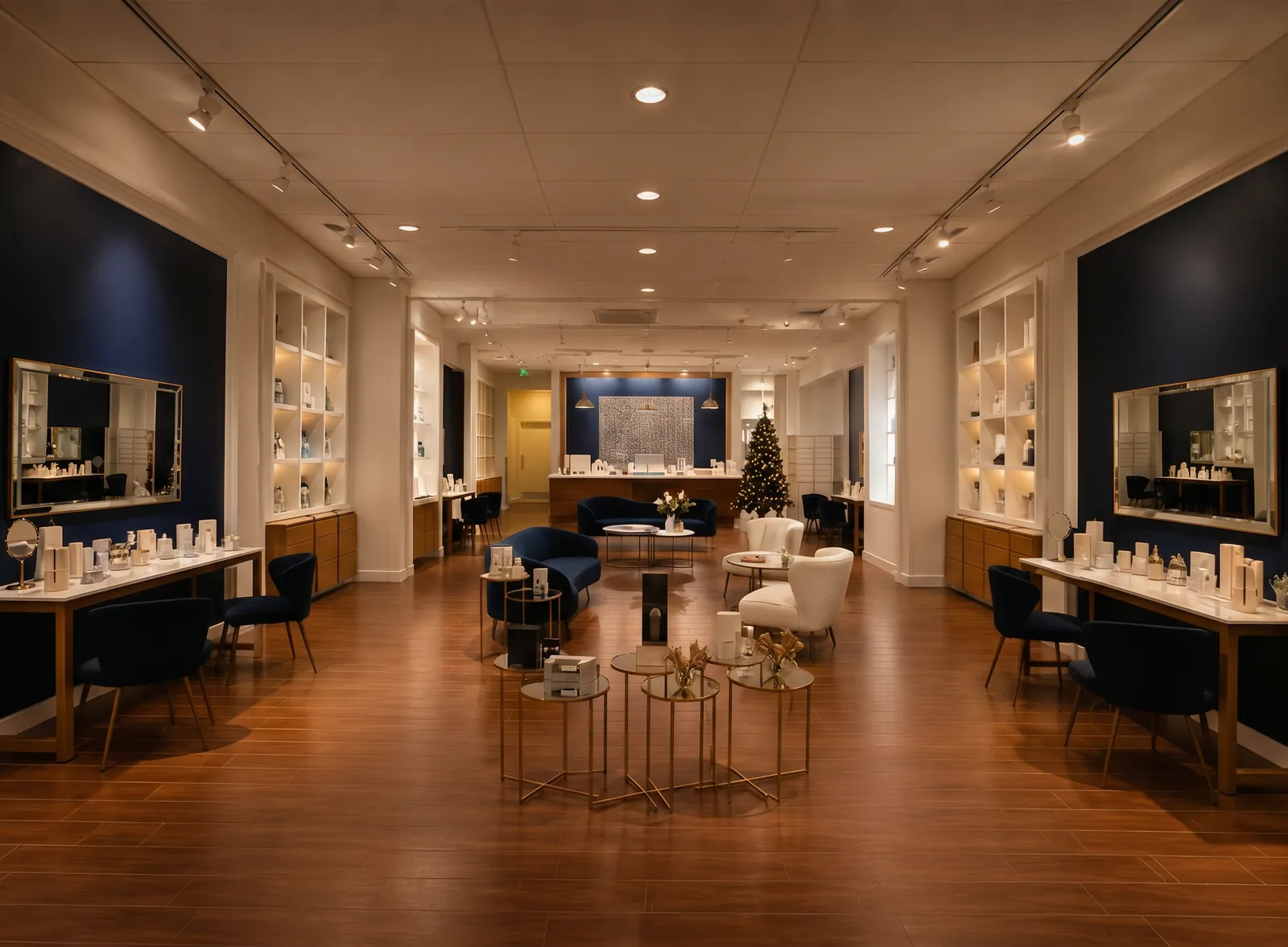 Retail interior with navy velvet seating