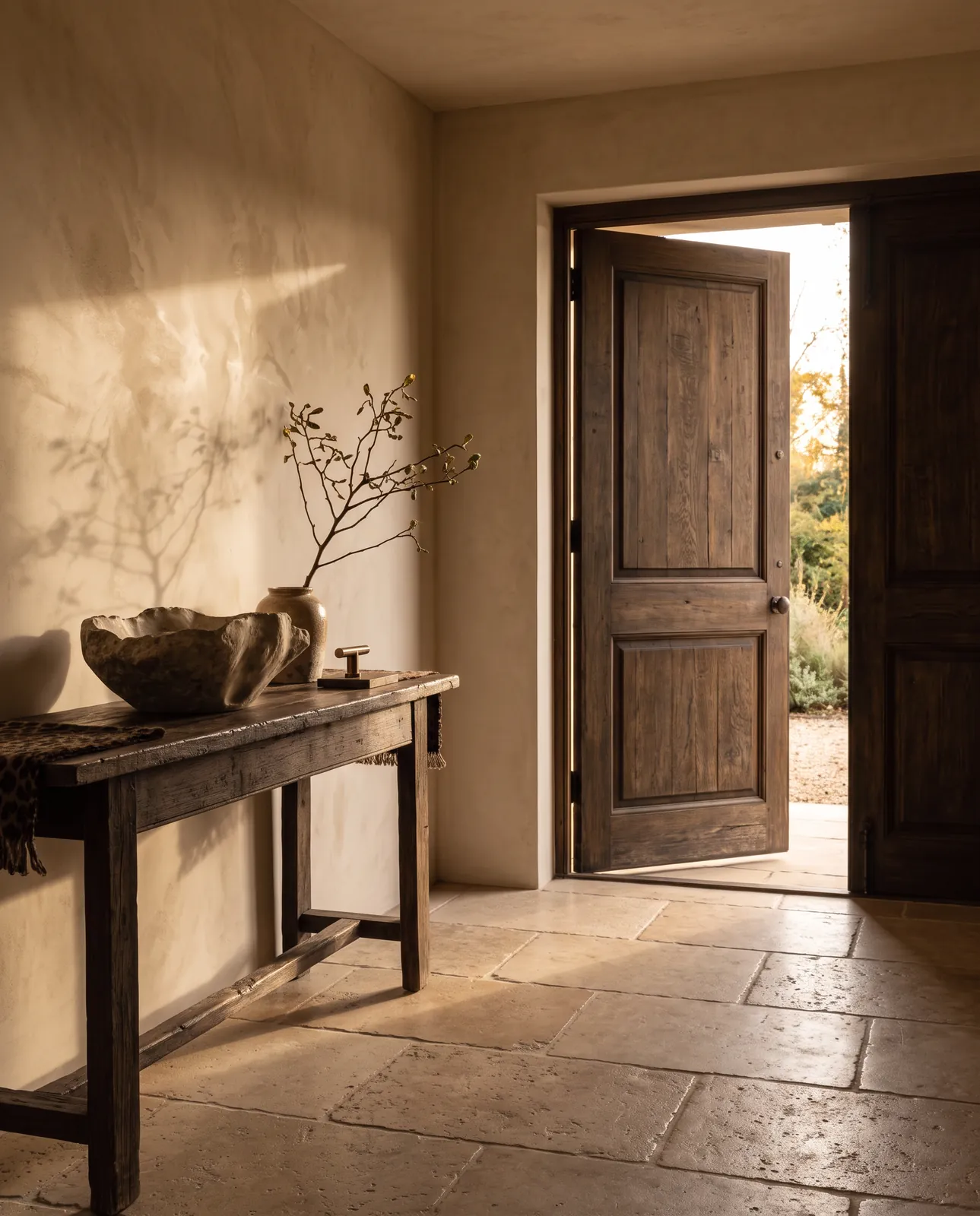 An open oak door onto a calm plaster hall