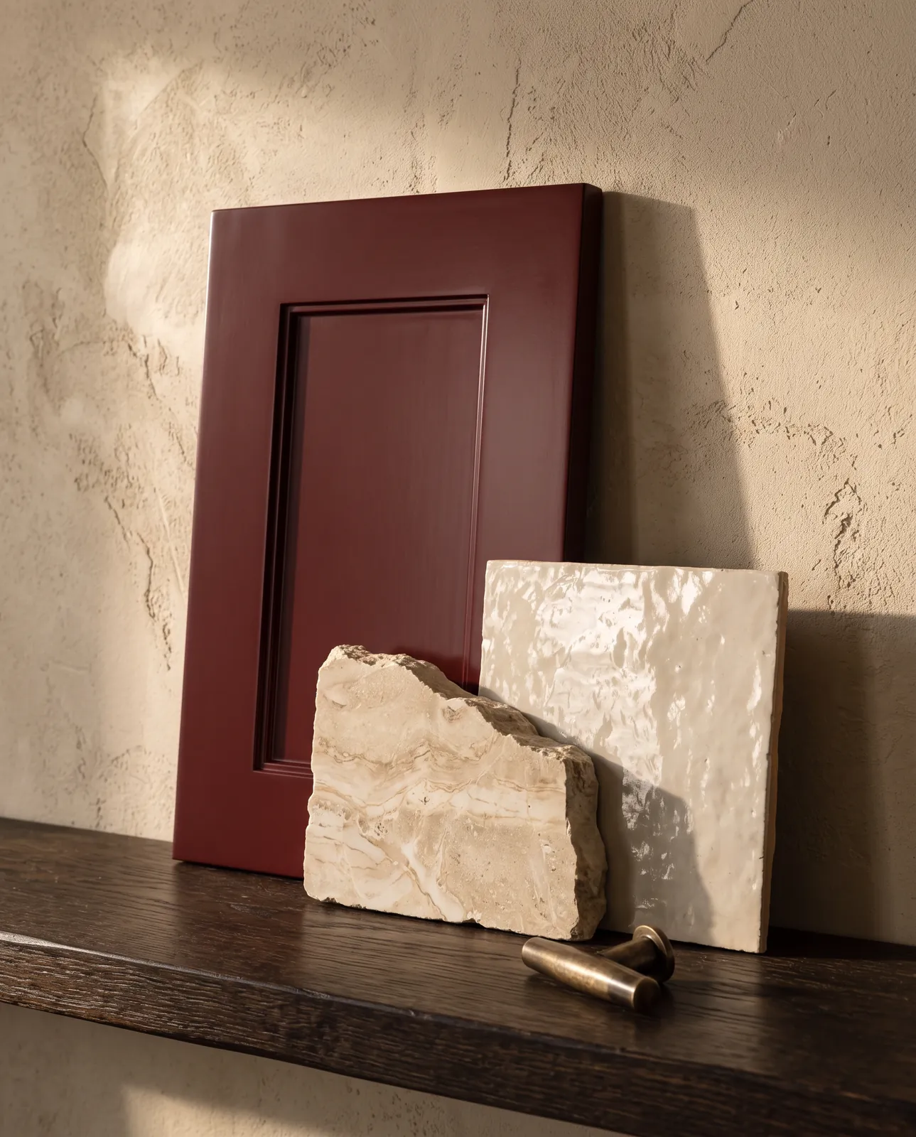 Oxblood cabinet door, limestone and zellige tile against plaster