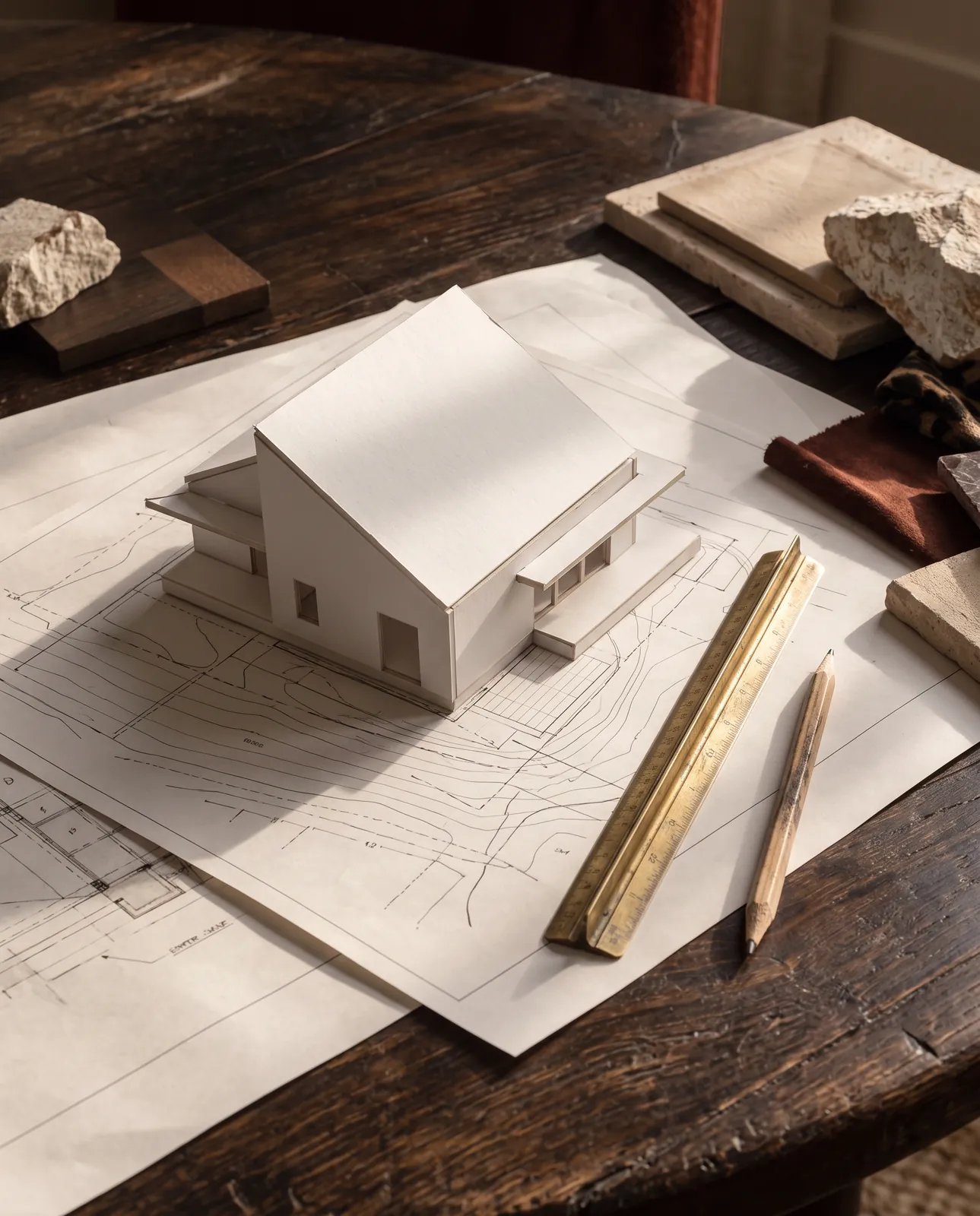 White house massing model resting on drawings