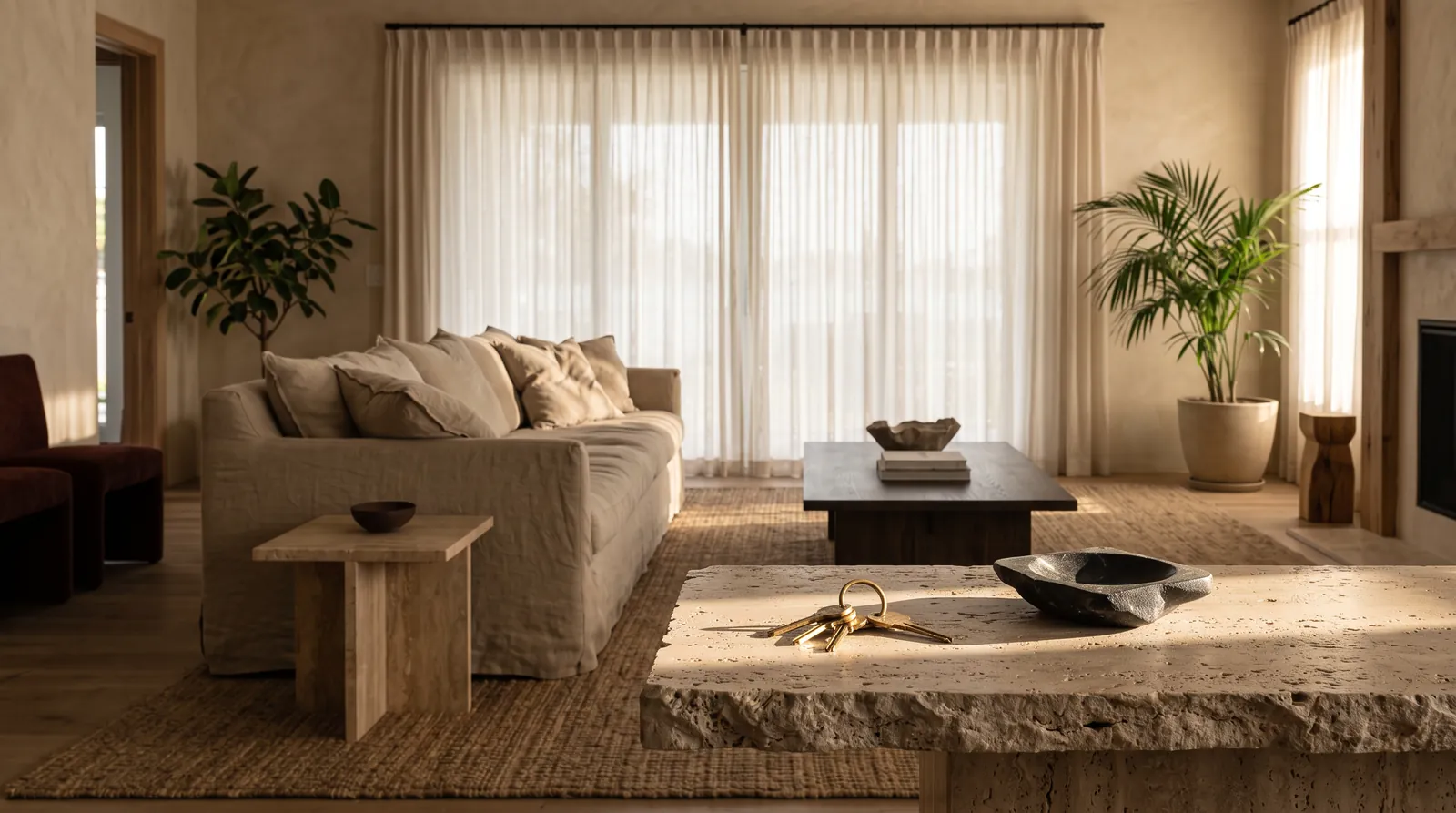 A calm living room with keys left on the console