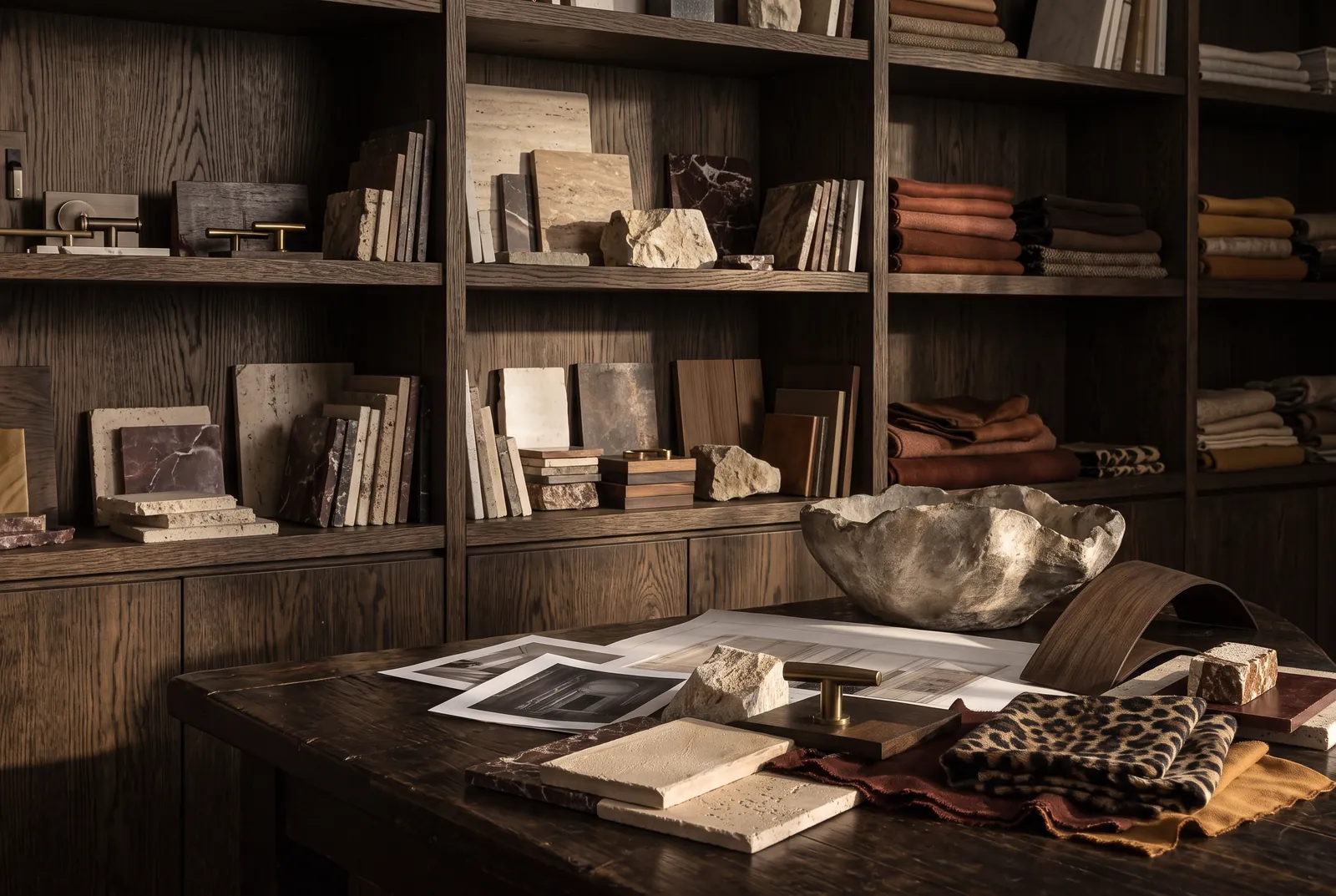 Shelves holding a library of material samples