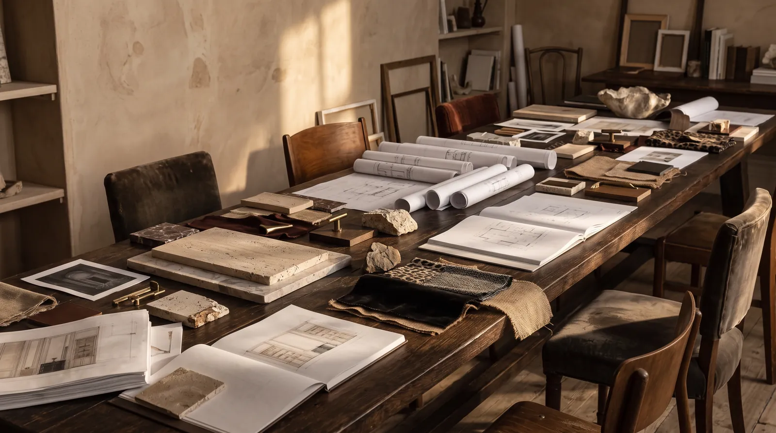A long work table covered with drawings