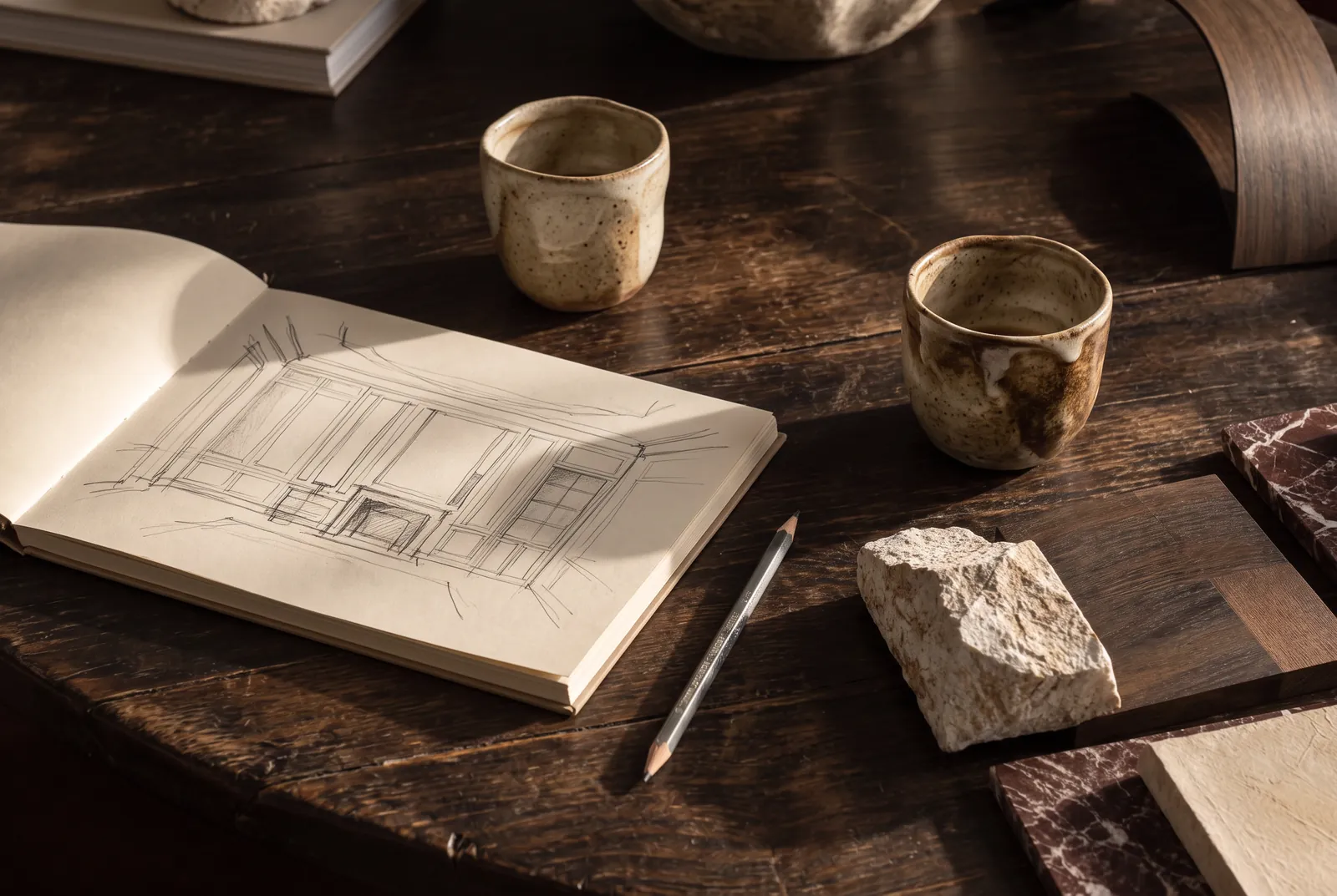 Two cups of coffee beside an open sketchbook