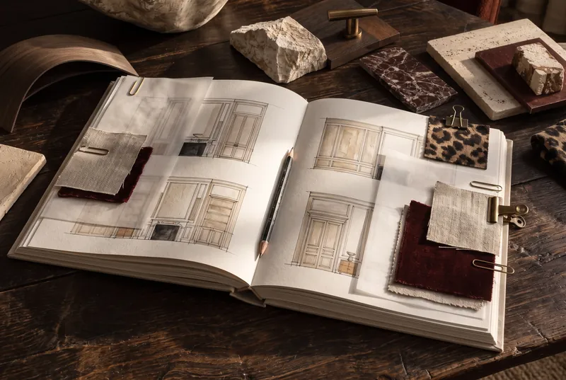 Open design workbook with elevations and fabric swatches